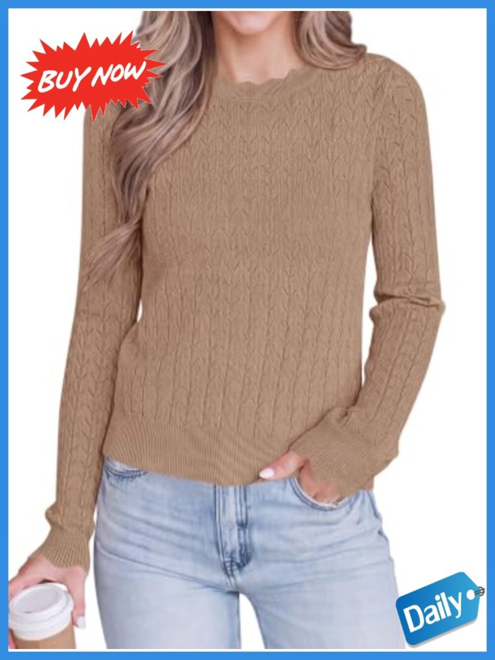 Cropped Scalloped Pullover Sweater Women Lightweight Polyester Acrylic Knit